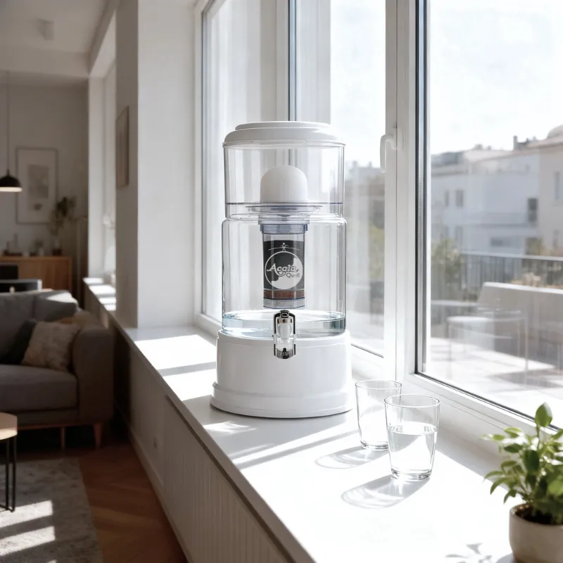 Smart kristallklar mit weißem Deckel und Sockel auf einer Fensterbank