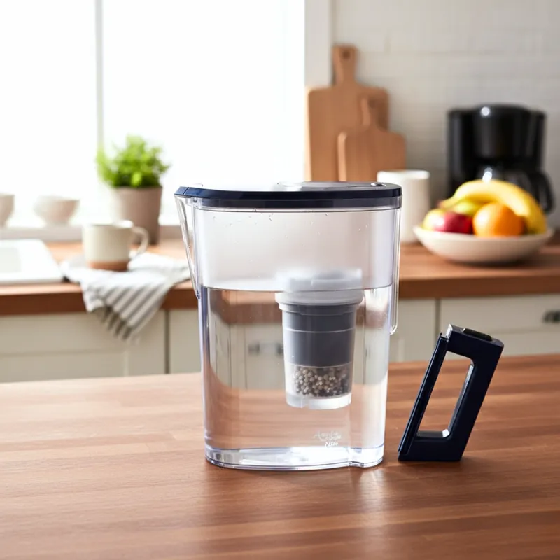 Der KAnnenfilter sthet halb voll Wasser in einer Küche, daneben liegt der Griff einzeln