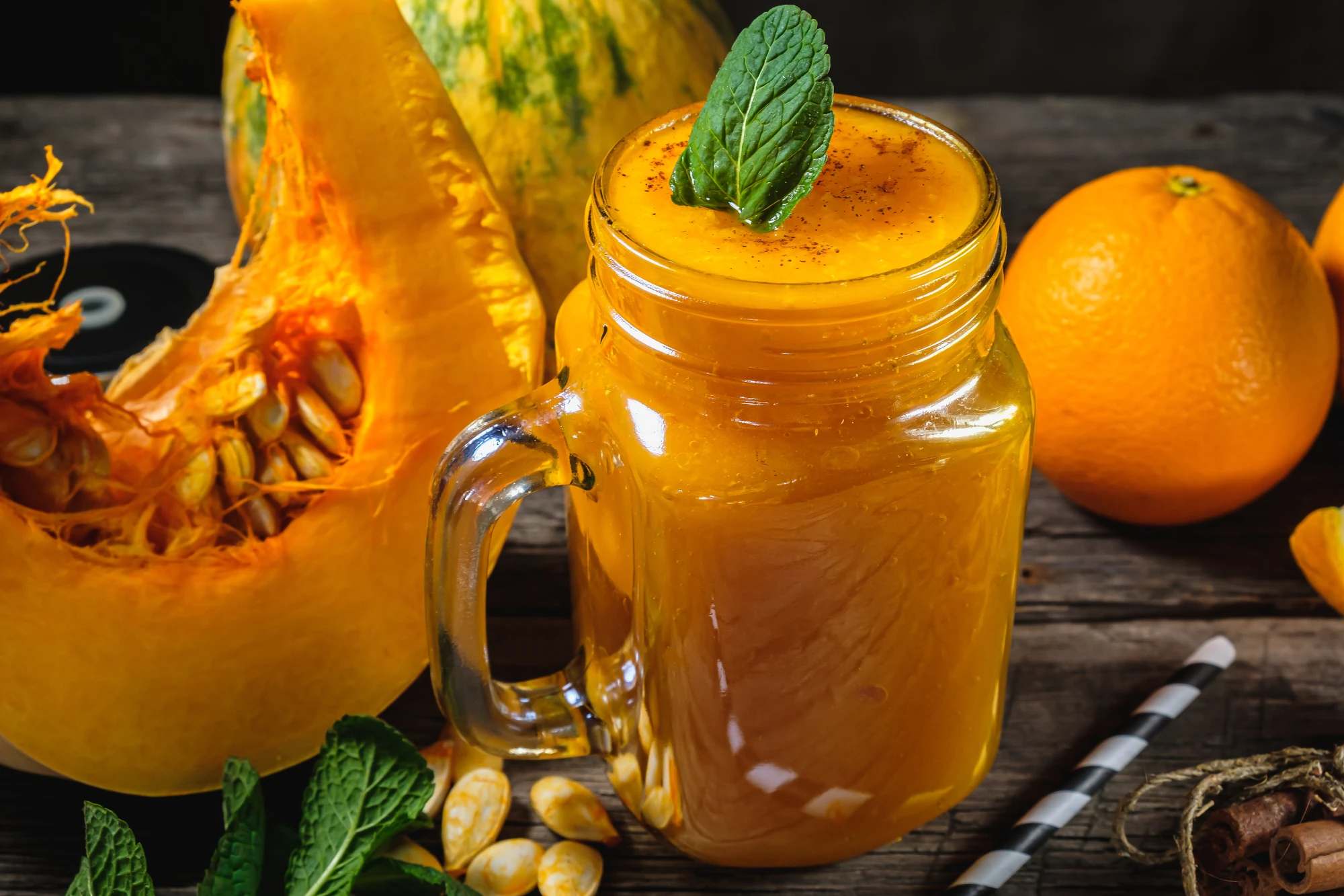 Glas mit Henkel und orangener Flüssigkeit darin auf dunkler Holzplatte. Um das Glas herum liegen Kürbis und Orange. Herbstliche Atmosphäre.