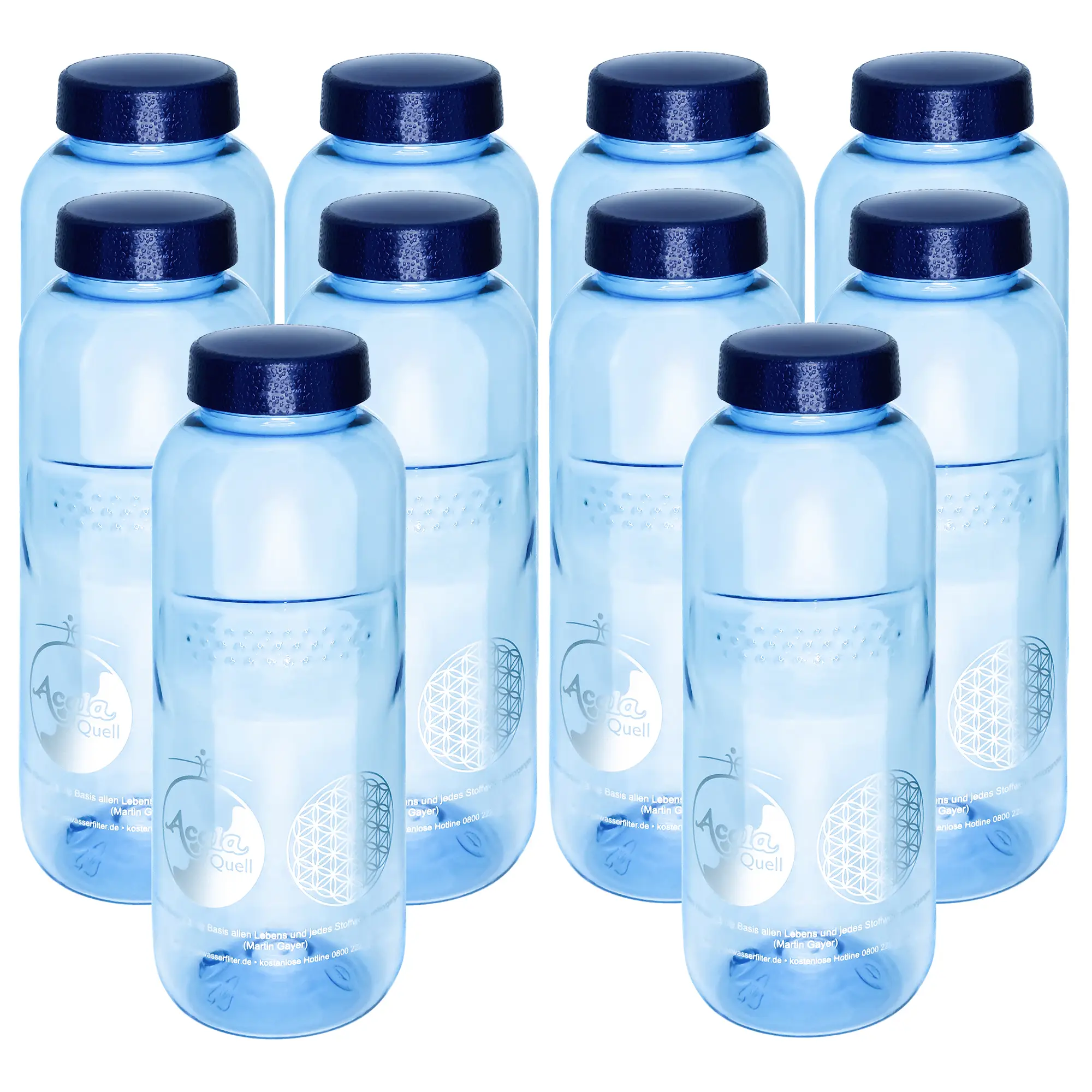 10er Set Acala Trinkflasche Grip 0,5 L aus Tritan Zehn blaue Tritan Trinkflaschen Grip 0,5L mit dunkelblauem Schraubdeckel vor weißem Hintergrund.