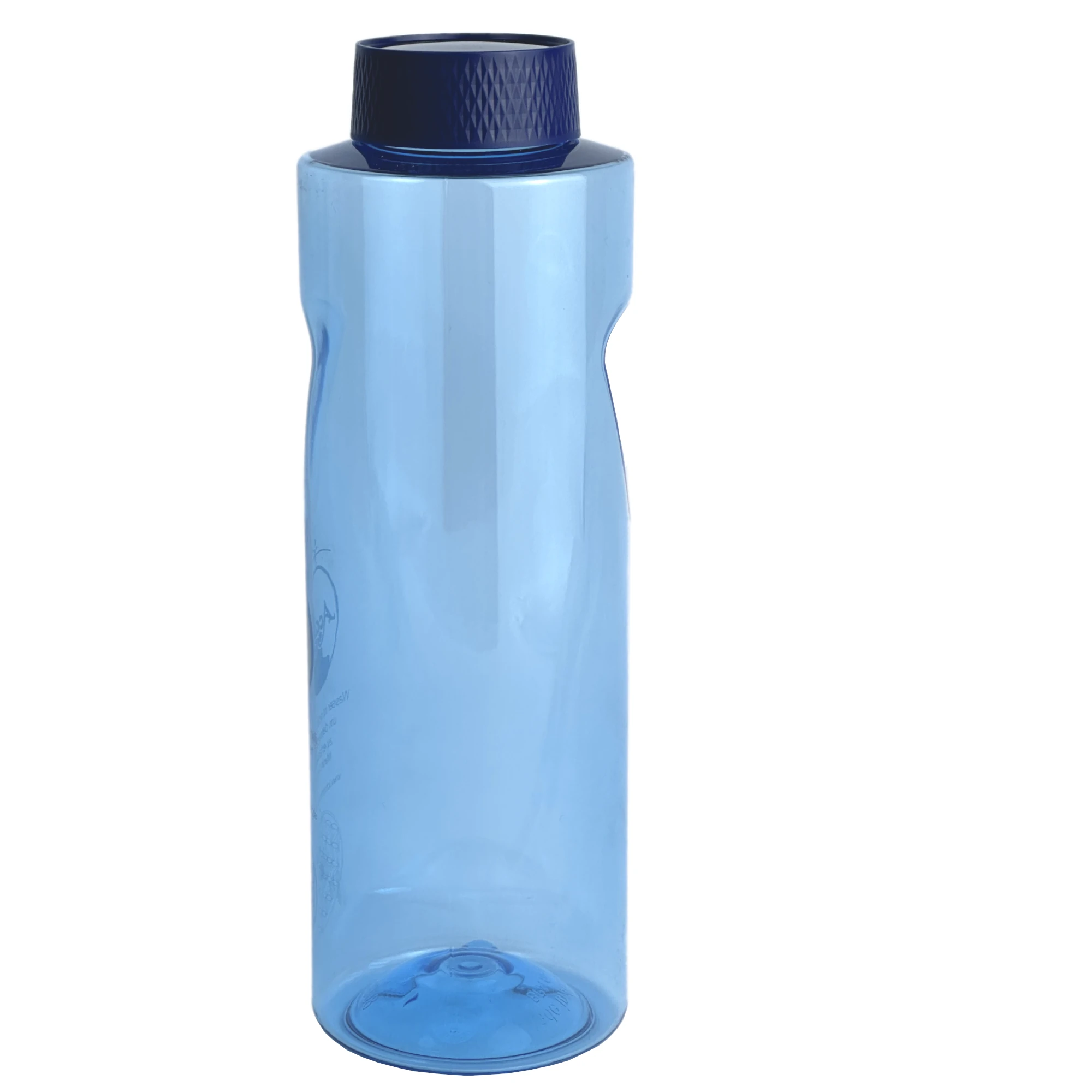 Zu sehen ist eine Trinkflasche in blau mit blauem Schraubdeckel vor weißem Hintergrund. Man sieht die Rückseite der Flasche. Das Bild zeigt die Tritan Trinkflasche Grip 0,8 Liter von Acala. 