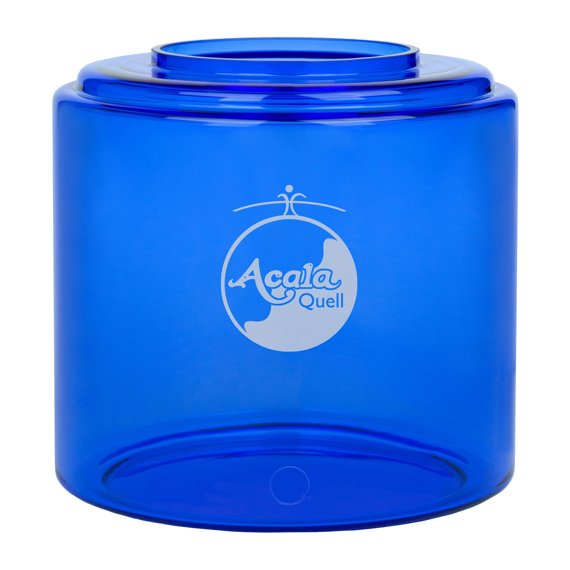 Zu sehen ist ein blauer 8 Liter Glastank mit weißem AcalaQuell Logo vorne drauf vor weißem Hintergrund.