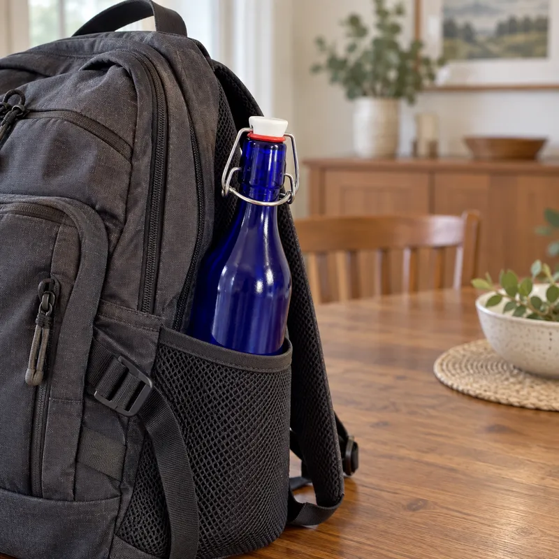 Blauglasflasche In der Flaschentasche im Rucksack