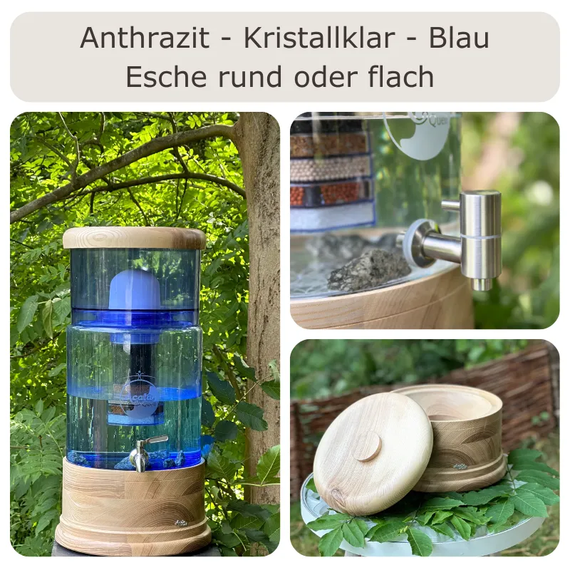 Übersicht AcalaQuell Smart Wasserfilter mit rundem und flachem Deckel sowie Sockel aus Esche-Echtholz.