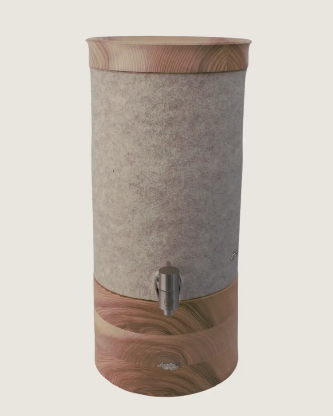 Standwasserfilter Mini von Acala mit Esche Echtholz Deckel und Sockel und Schurwolle Lichtschutz in beige.