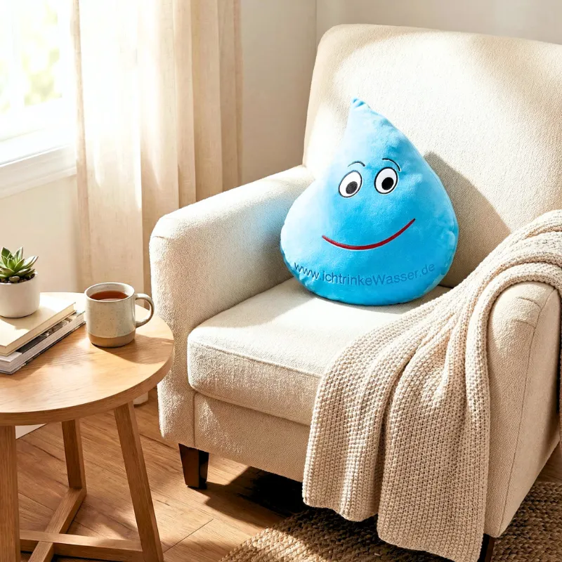 Ein Kissen in Tropfenform mit Smiley Gesicht sitzt in einer gemütlichen Sitzecke auf dem Sessel