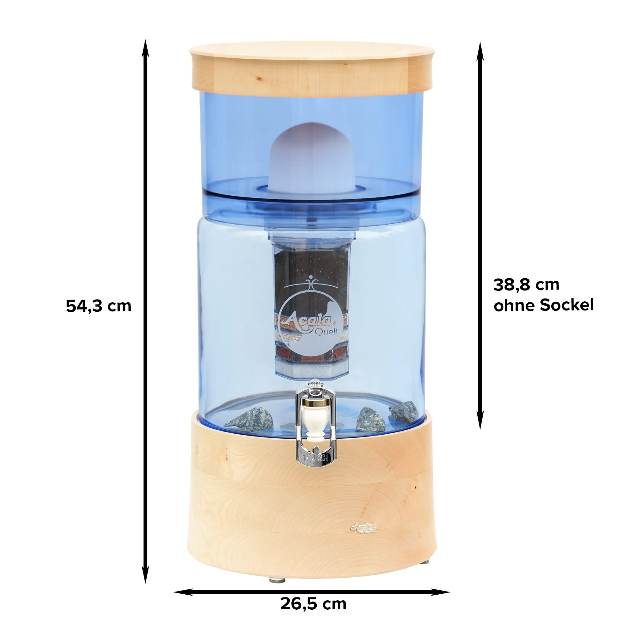 Zu sehen ist der AcalaQuell Smart in blau mit einer Filterkartusche, einem Keramikfilter und Hahn in weiß. Deckel und Sockel sind aus Ahorn Echtholz. Auf dem Sockel befindet sich ein silbernes Acala Logo. Seitlich und unten am Filter stehen Maße.