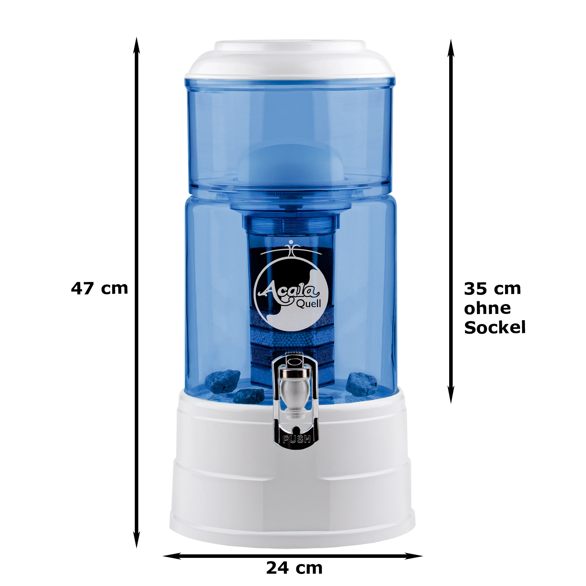 Zu sehen ist der Wasserfilter Mini in blau-weiß inklusive Filterkartusche und Keramikfilter, weißer Hintergrund. Sockel, Deckel und Hahn in weiß, 5L Glastank und oberer Einfüllbehälter in blau. Am Filter stehen seitlich und unten die Maße.
