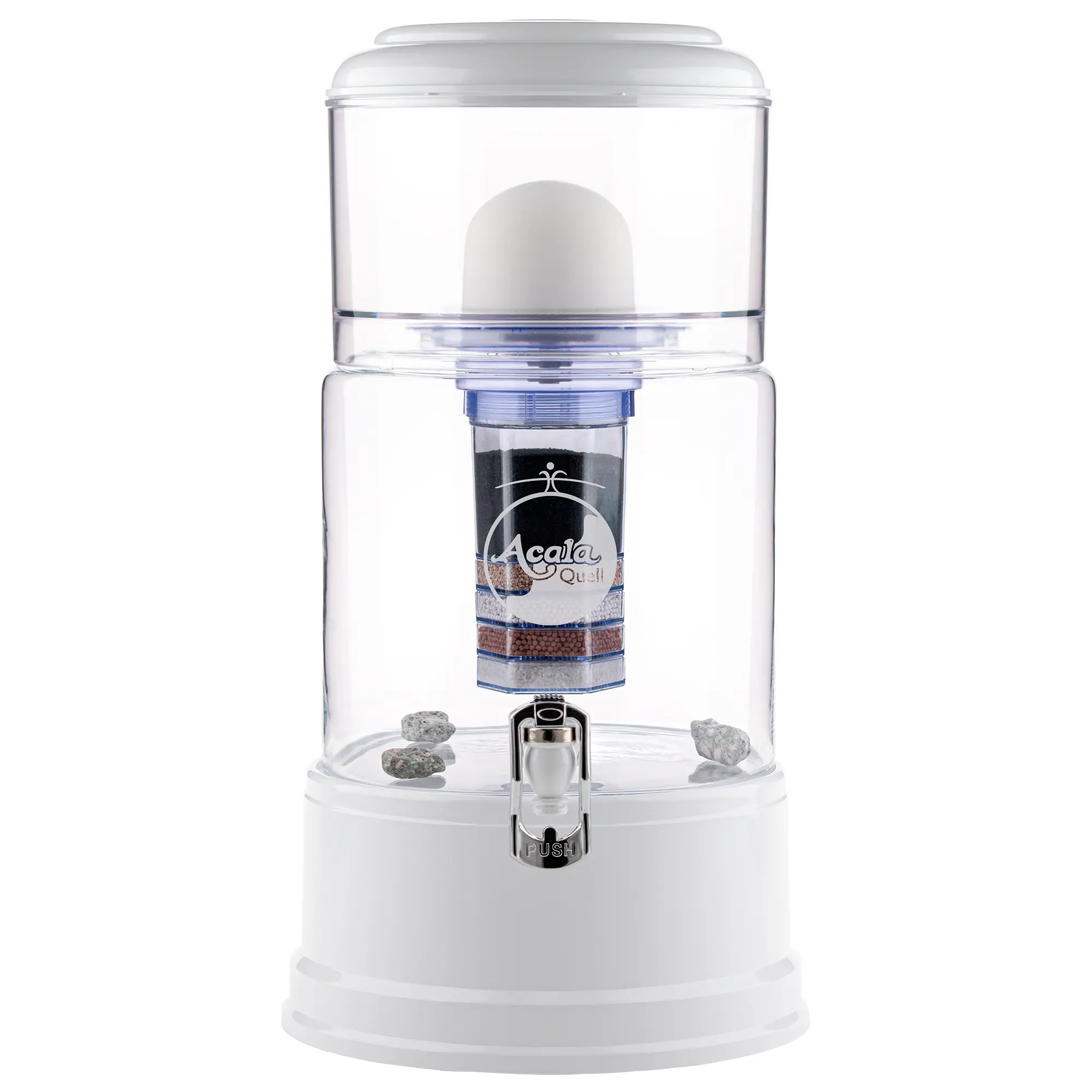 Standwasserfilter Smart von Acala kristallklar weiß mit Glastank vor weißem Hintergrund.