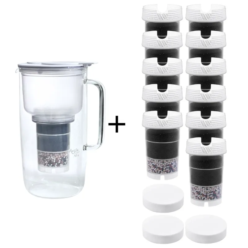 Wasserfilter aus Glas Mira mit weißem Deckel als Spaßet inklusive einem Schwamm und einer Kartusche plus 11 weiteren Kartuschen und 3 Mikroschwämmen