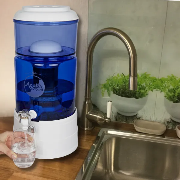 kleiner Wasserfilter neben Spüle auf Arbeitsplatte