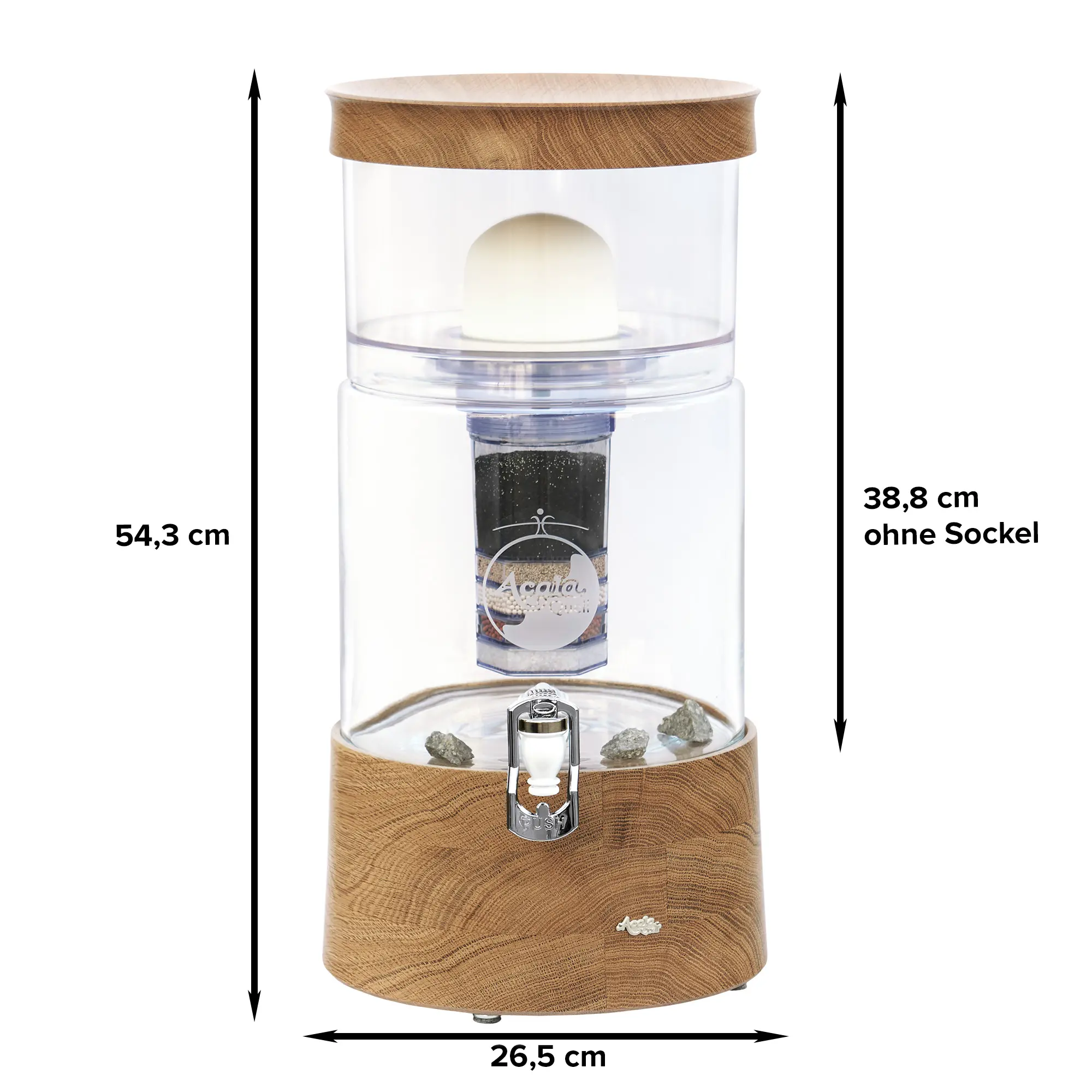 AcalaQuell Smart mit Glastank in kristallklar und Deckel und Sockel aus Eiche Echtholz, weißer Hintergrund. Mit schwarzen Pfeilen sind die Maße gekennzeichnet.