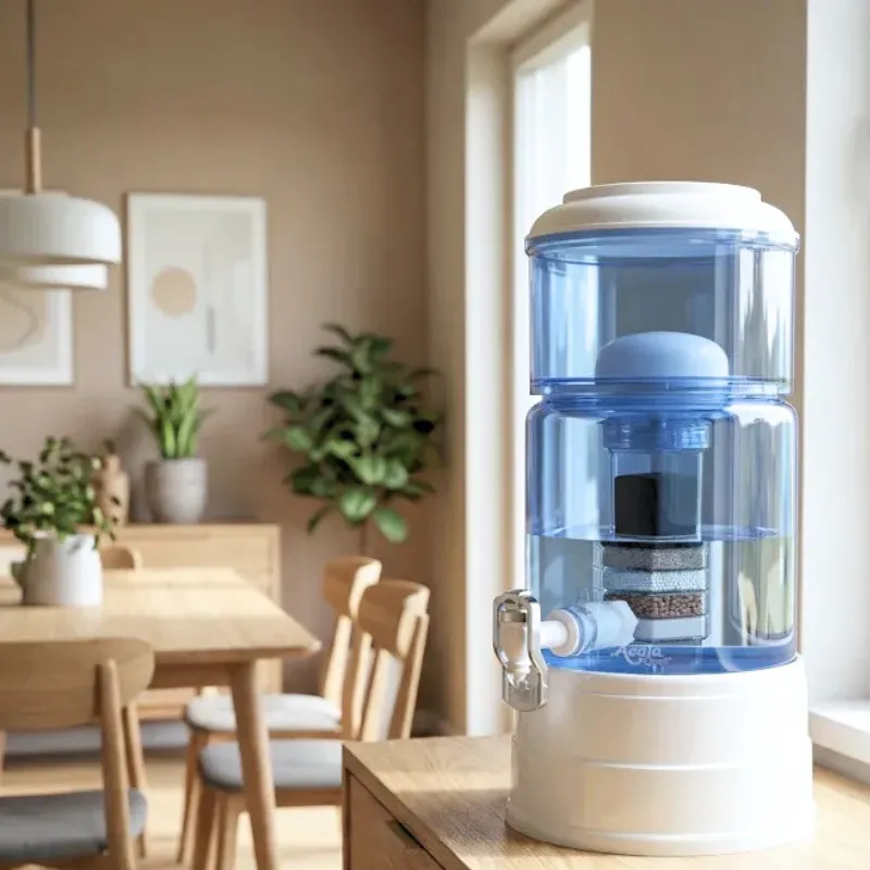 Mini Wasserfilter mit 5 Liter steht in einem Esszimmer auf einem Sideboard