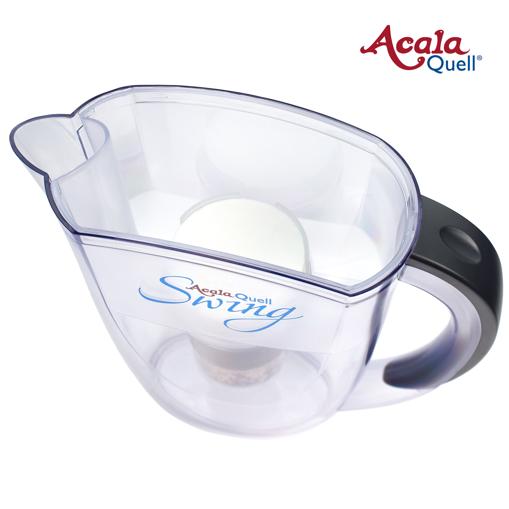 Zu sehen ist ein bewegtes Bild, ein GIF von dem Acala Kannenfilter Swing in anthrazit. Das GIF zeigt, wie der Deckel nach oben weg geht und man dann in die Kanne schauen kann. Man schaut von schräg oben auf die Kanne. Der Hintergrund ist weiß.