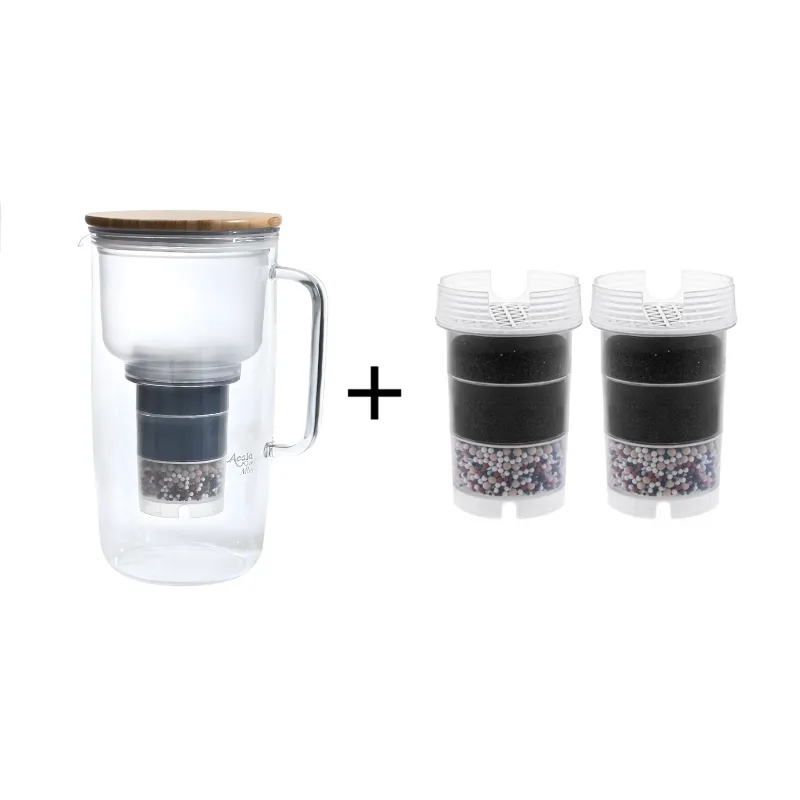 Karaffenfilter Mira mit Bambusholzdeckel einem Schwamm einer Kartusche plus 2 zusätzliche Kartuschen