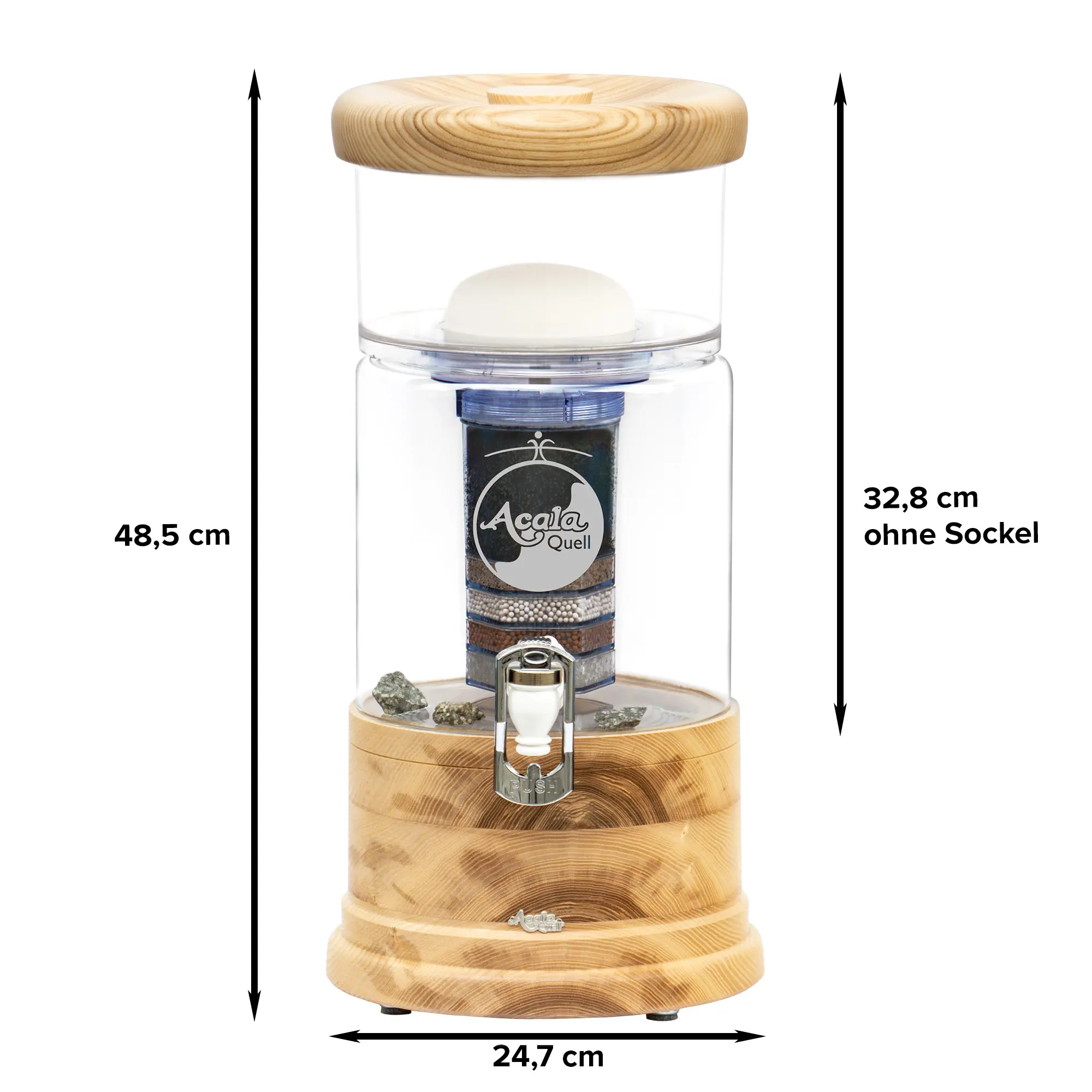 AcalaQuell Mini mit Glastank in kristallklar und Echtholzsockel und Deckel aus Esche, weißer Hintergrund. Mit schwarzen Pfeilen sind die Maße gekennzeichnet.