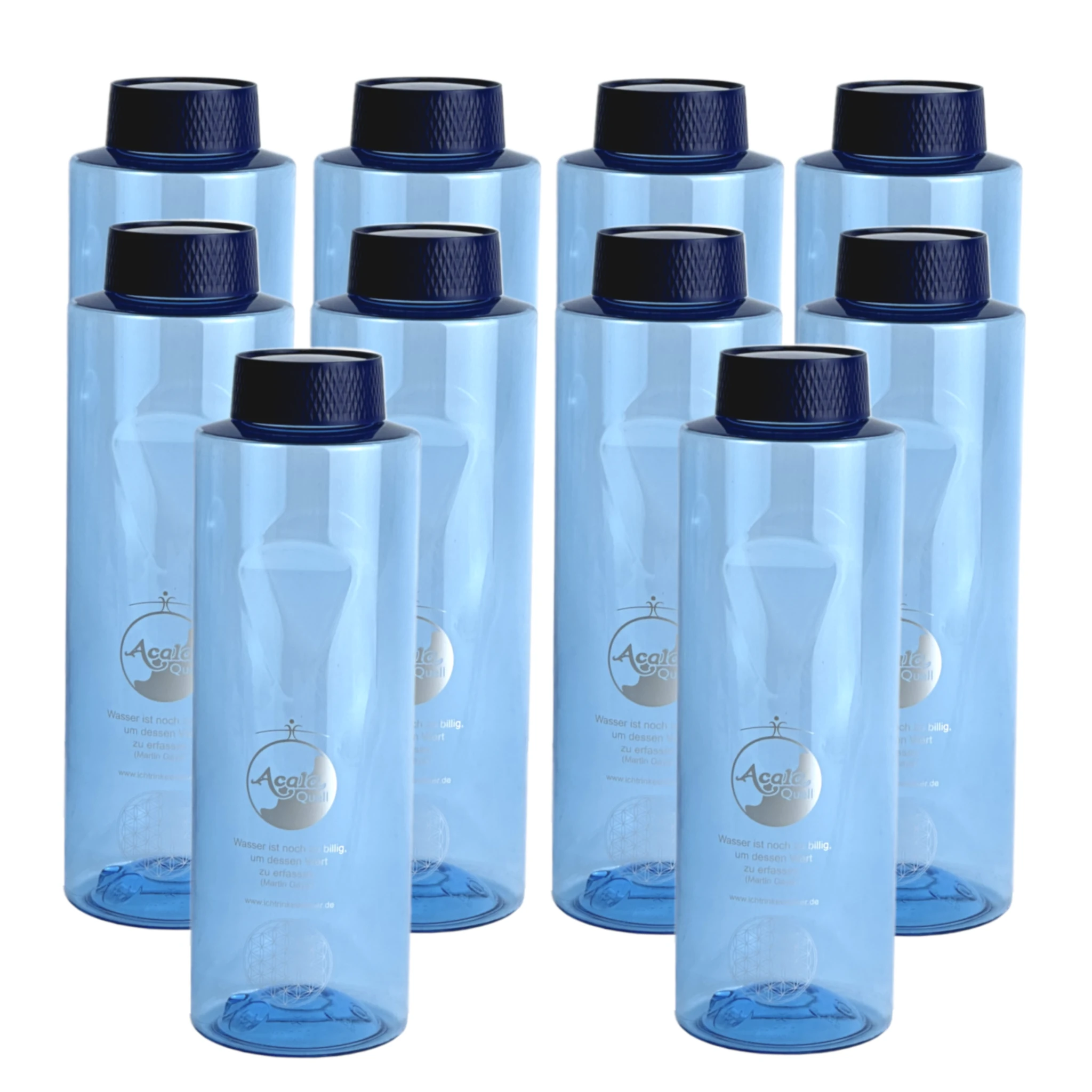 Zehn Tritan Trinkflaschen Grip 0,8L in blau mit blauem Schraubdeckel vor weißem Hintergrund.