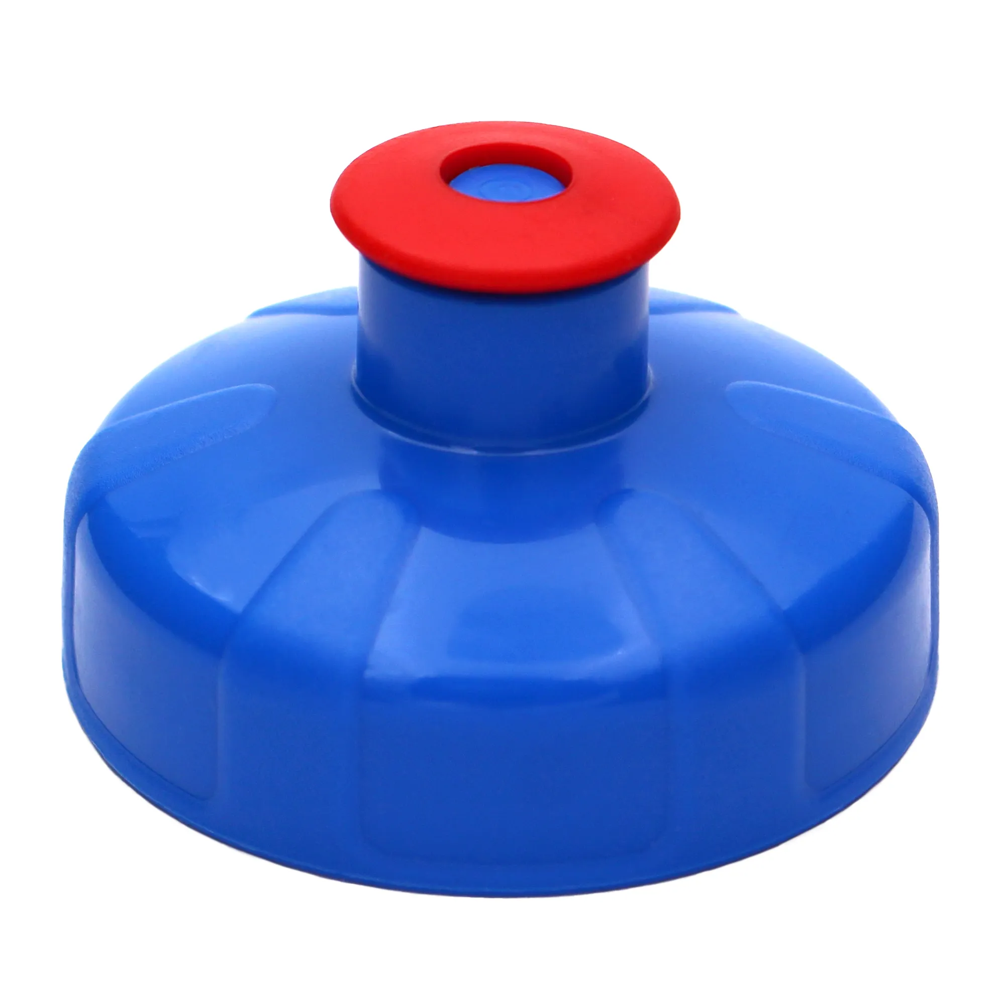 Ein blau roter Push Pull Sport Deckel für Acala Tritan Trinkflaschen Grip und 8 Kant vor weißem Hintergrund.