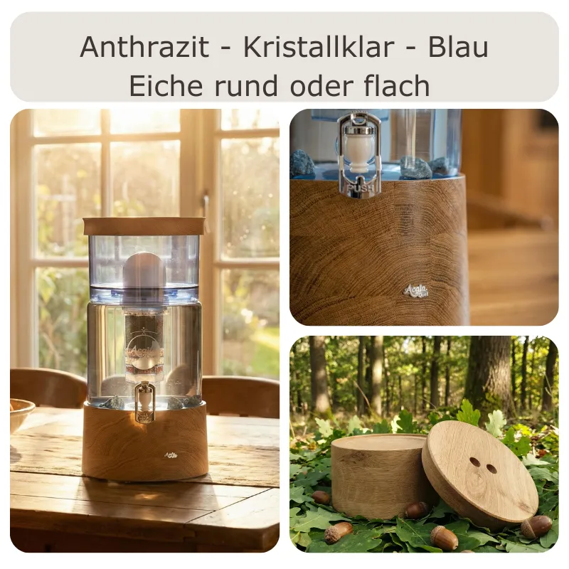 Übersicht AcalaQuell Smart Wasserfilter in kristallklarem und blauem Glas mit rundem und flachem Deckel sowie Sockel aus Eiche-Echtholz.
