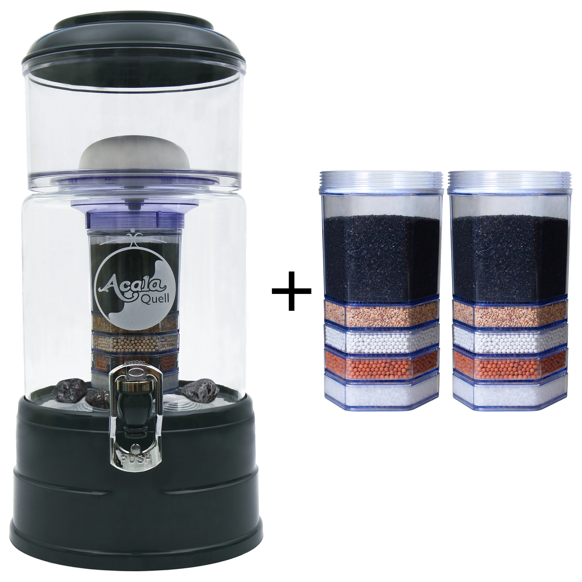 Einsteigerpaket AcalaQuell® Mini Kristallklar/Anthrazit Zu sehen ist der Acala Wasserfilter Mini in kristallklar-anthrazit inklusive einer Filterkartusche und einem Keramikfilter. Zusätzlich sieht man zwei Filterkartuschen. Das Bild zeigt das Einsteigerpaket für ein Jahr.