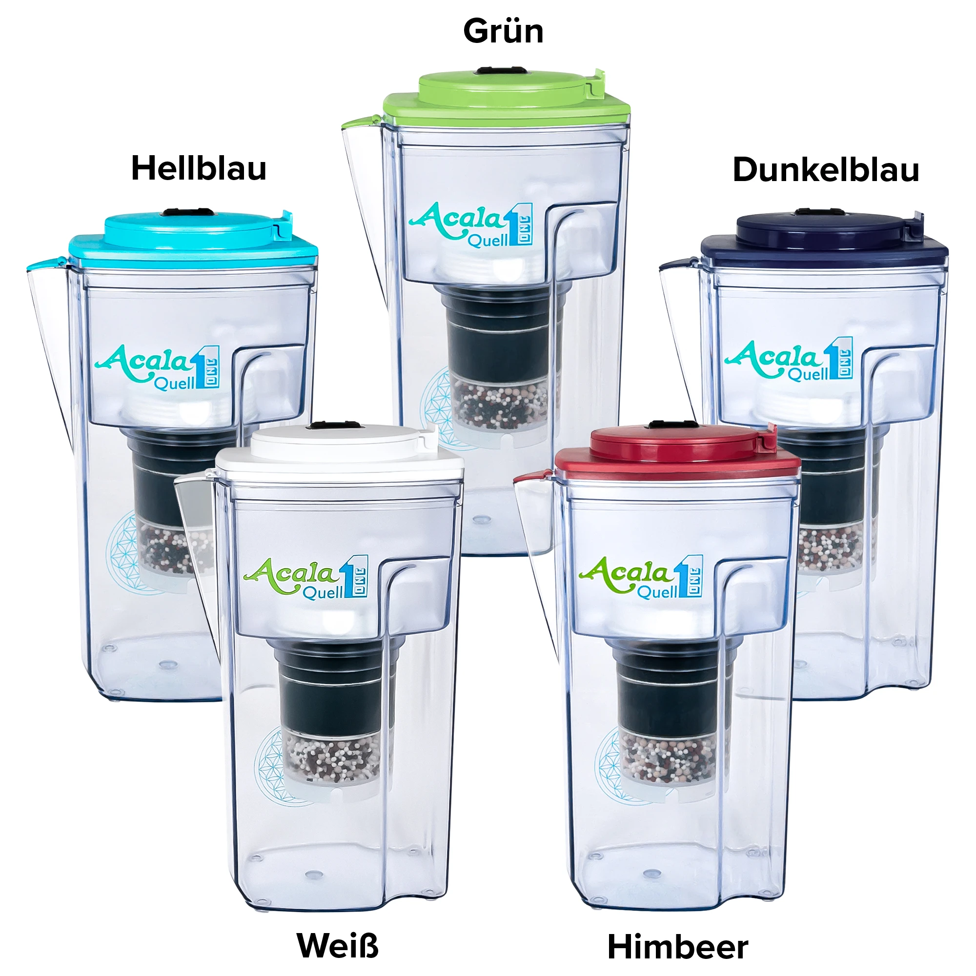 Zu sehen ist der Kannen Wasserfilter ONE in allen Farben im Kreis angeordnet vor weißem Hintergrund. An den einzelnen Filtern steht in schwarzer Schrift die Deckelfarbe. Weiß, hellblau, dunkelblau, grün und himbeer.