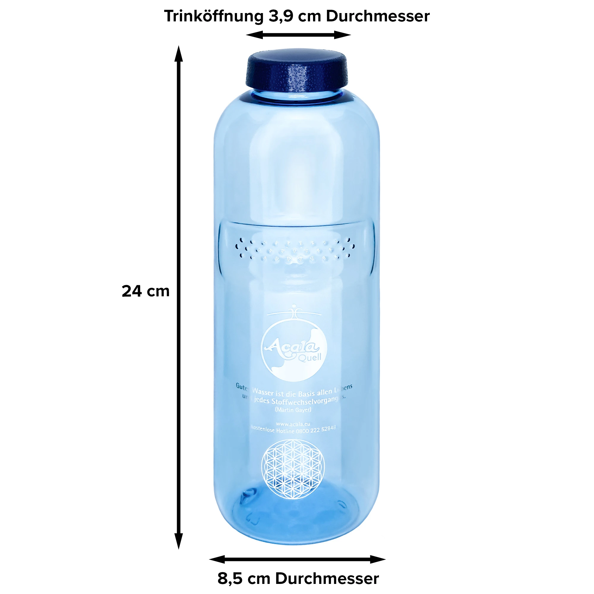 Eine blaue Tritan Trinkflasche Grip 1L mit dunkelblauem Schraubdeckel vor weißem Hintergrund. Mit schwarzen Pfeilen sind die Maße gekennzeichnet.