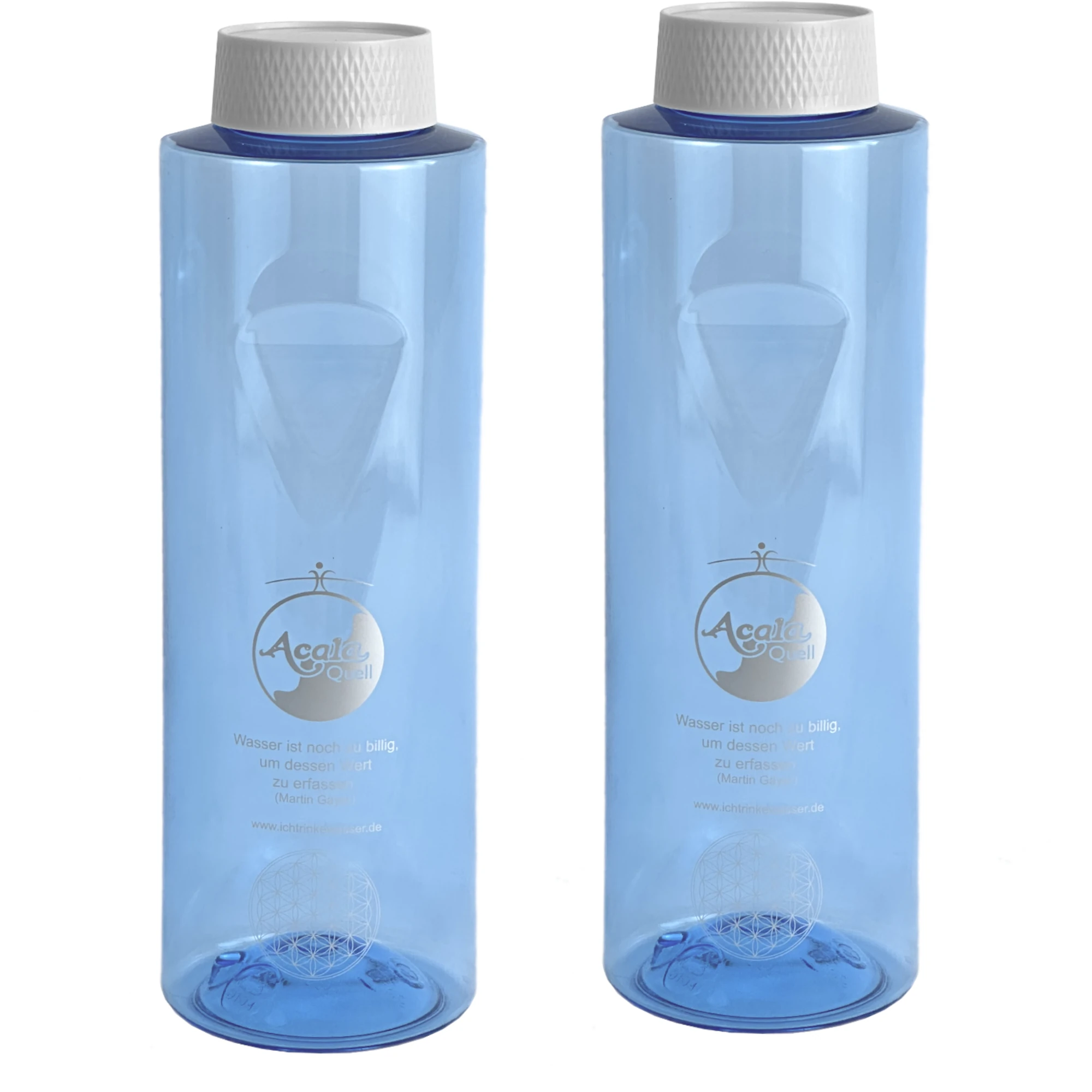 Zwei Tritan Trinkflaschen Grip 0,8L in blau mit beigem Schraubdeckel vor weißem Hintergrund.