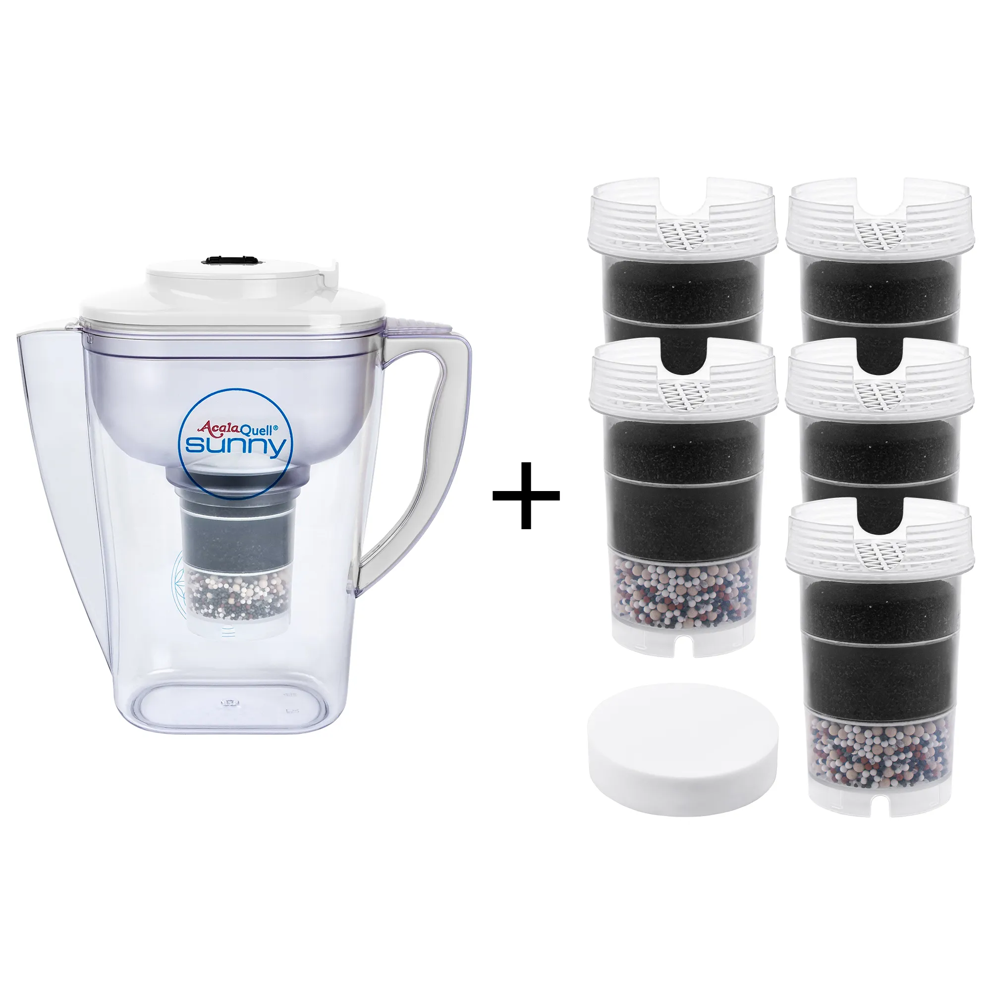 Einsteigerpaket AcalaQuell® Sunny in weiß Kannen Wasserfilter Acala Quell Sunny mit Deckel, Griff und Ausgussschnabel in weiß inklusive einer Filterkartusche und einem Mikroschwamm plus fünf Filterkartuschen und ein Mikroschwamm. Mit diesem Einsteigerpaket ist man für ein Jahr versorgt.