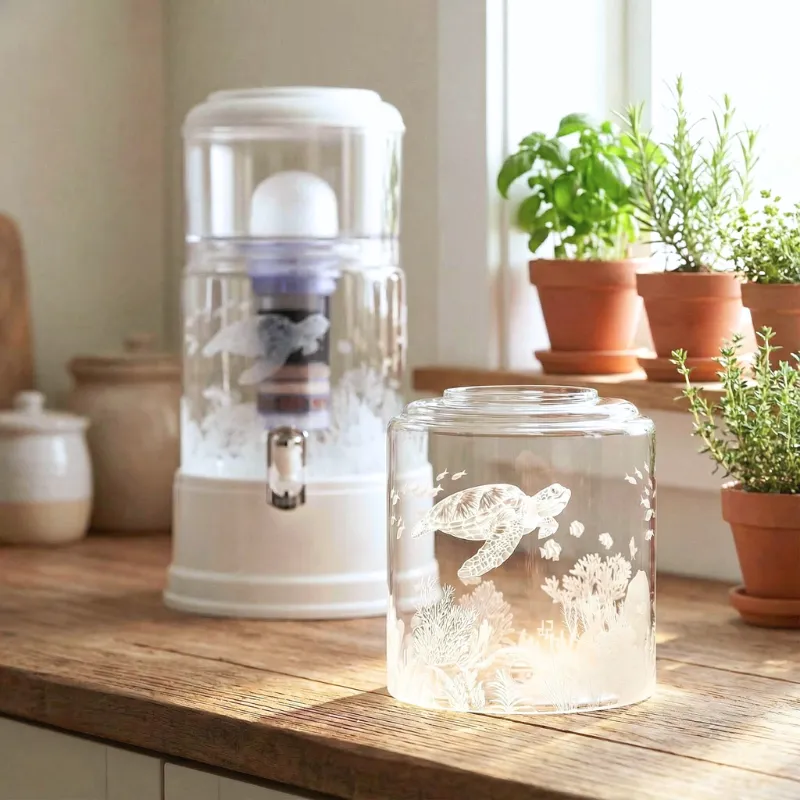 5 Liter Glas mit Handgravur Riffharmonie  mit Smart im Hintergrund