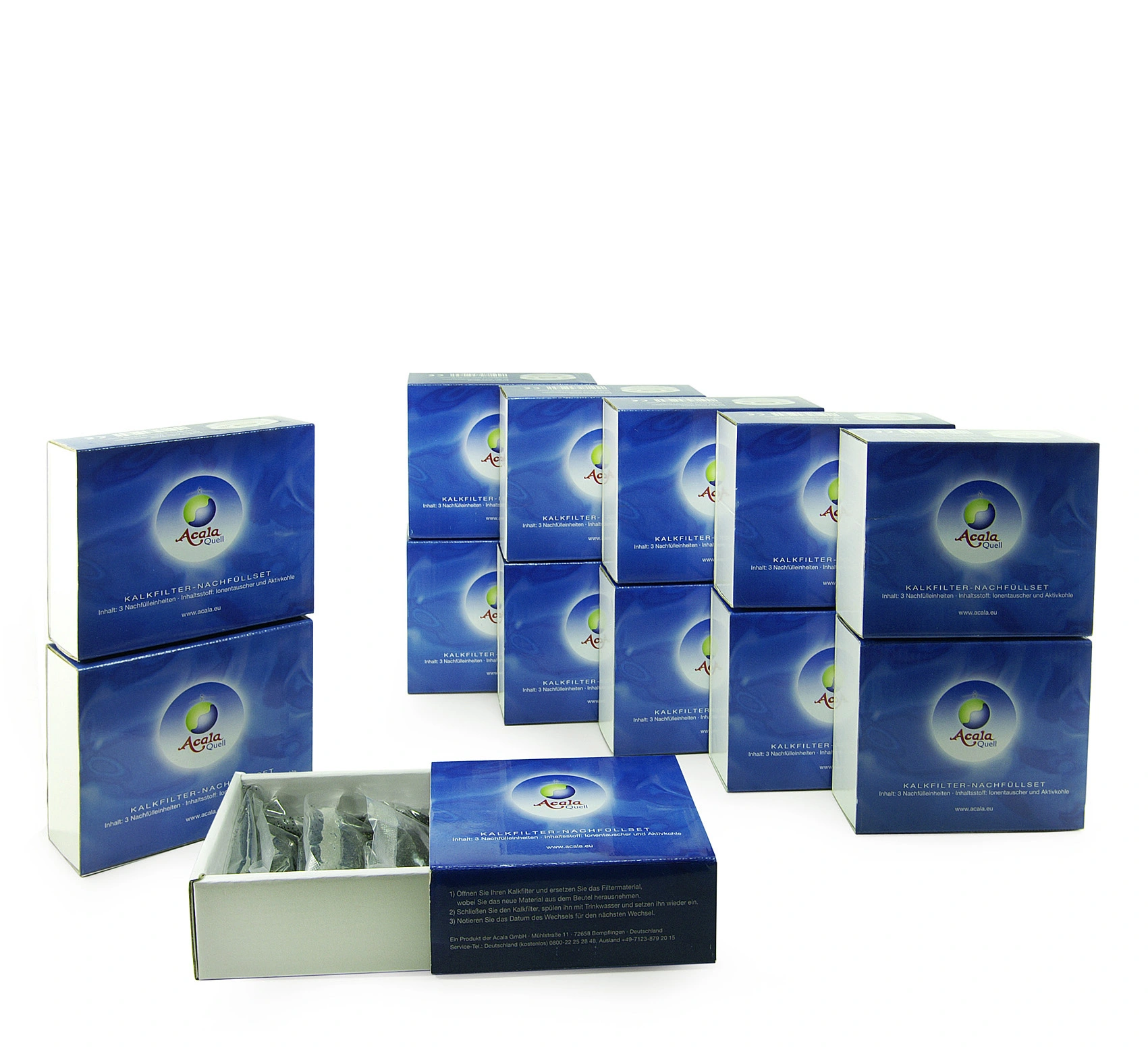 10 + 3  Kalk Nachfüll-Einsatz 3er Set für AcalaQuell®Stand Wasserfilter 13 blaue Kartons mit Kalknachfüllbeuteln für die Acala Standwasserfilter vor weißem Hintergrund.