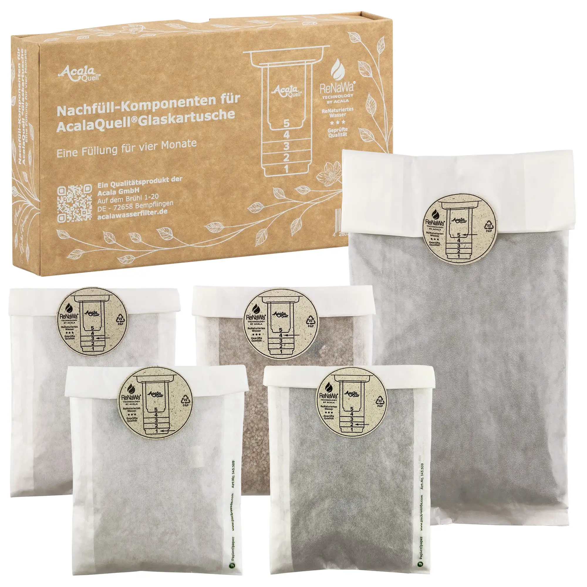 Nachfüll-Komponenten  AcalaQuell® Glaskartusche für 4 Monate ReNaWa-Nachfüllkomponenten für die Acala Glaskartusche in 5 separaten Beuteln, dahinter den braunen Verpackungskarton.