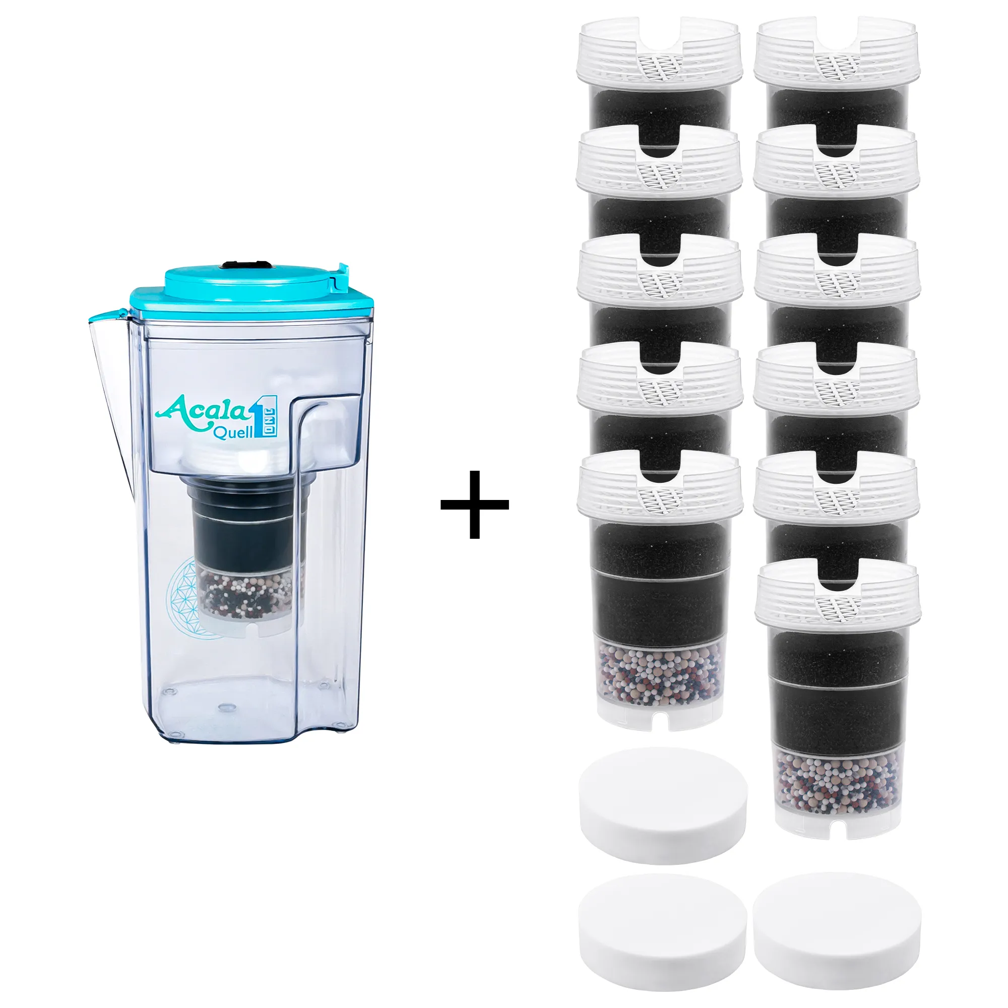 Acala Quell Kannen Wasserfilter ONE mit Deckel in hellblau inklusive einer Filterkartusche und einem Mikroschwamm plus elf Filterkartuschen und 3 Mikroschwämme. Mit diesem großen Einsteigerpaket ist man für zwei Jahre versorgt.