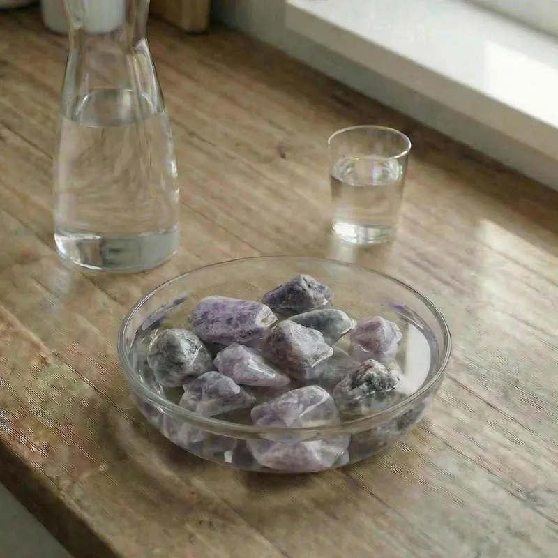 In einer Wasserschale liegen Amethyste, daneben ist eine Karaffe gefüllt mit Wasser und ein Glas