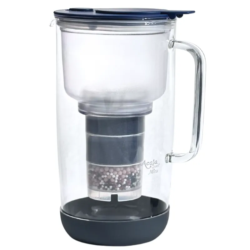 Glas kann den Wasserfilter mit blauem Deckel und Anthrazitfarbenem Stoßschutz