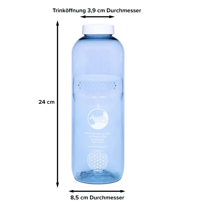 Tritanflasche mit Maßen 24 Zentimeter Meter hoch 8,5 Zentimeter im Durchmesser und 3,9 cm Oben am Deckel