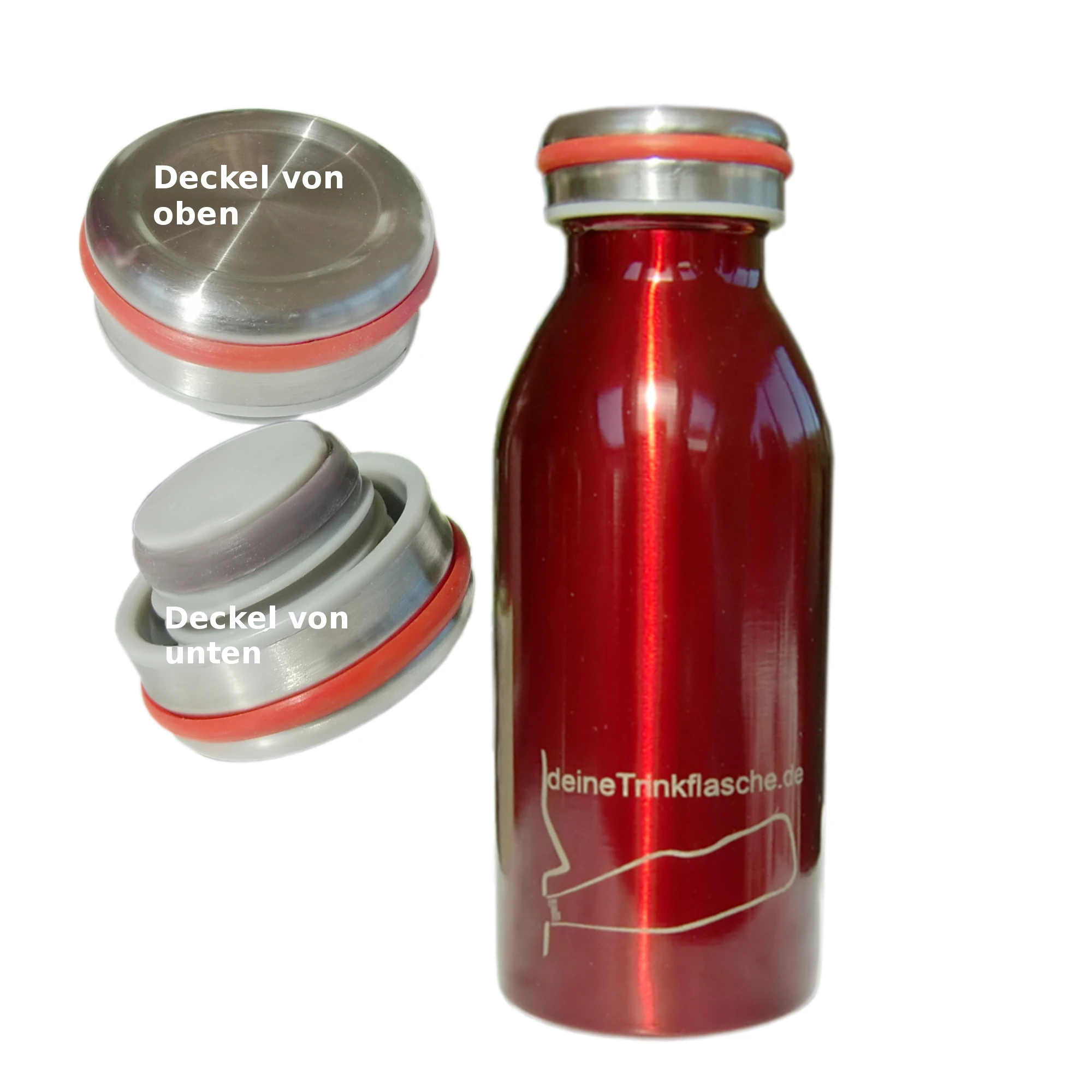 Miaka Isolierflasche - Logo Variante B Rote Tehrmosflasche. links von der Flasche ist der Deckel einmal von oben und einmal von unten zu sehen.