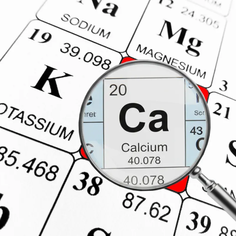 Man sieht einen kleinen Teil des Periodensystems und unter einer Lupe sieht man hervorgehobenca minus Calcium