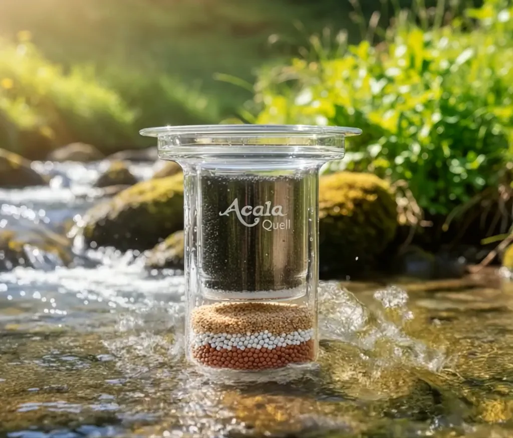 Die aus glasgefertigte Kartusche steht inmitten eines Bachs von Wasser umspült