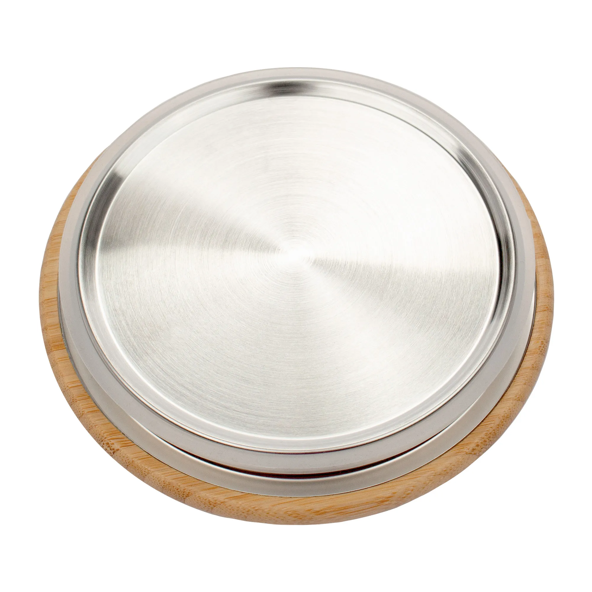 Zu sehen ist der Bambus Deckel für den Kannenfilter Silizia aus Glas von unten. Er ist Silber mit einer Dichtung rundherum. Außen der Rand ist in Holzfarben zu sehen.