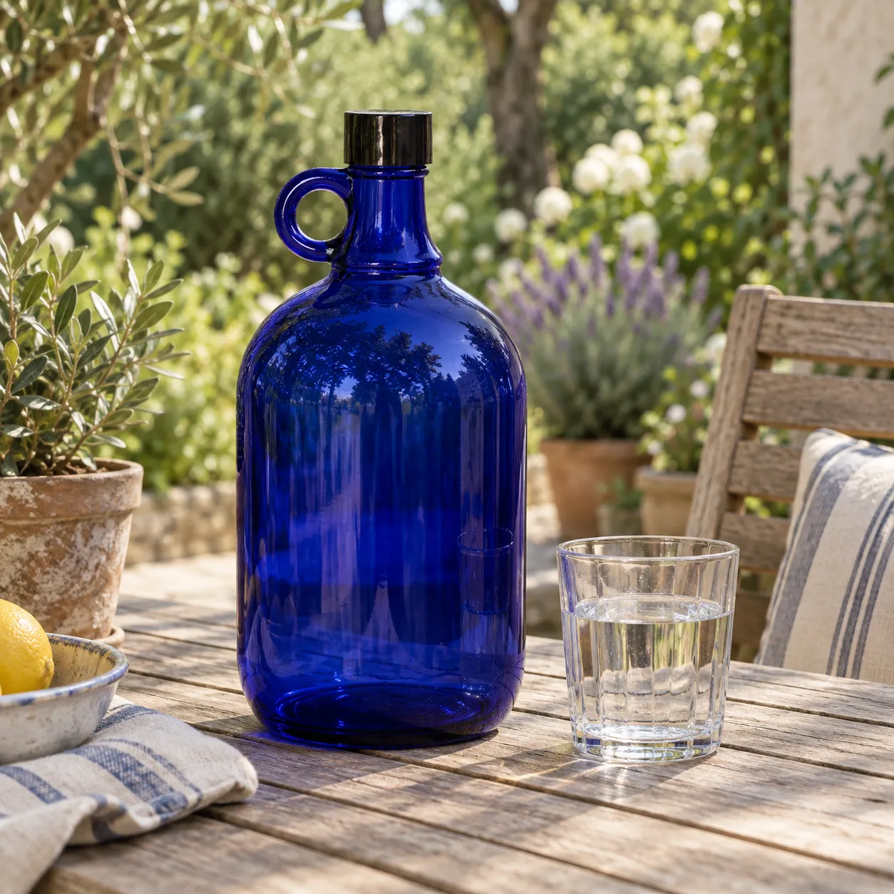 2 Liter blaue Glasflasche im Garten auf einem Tisch daneben steht ein Glas mit Wasser