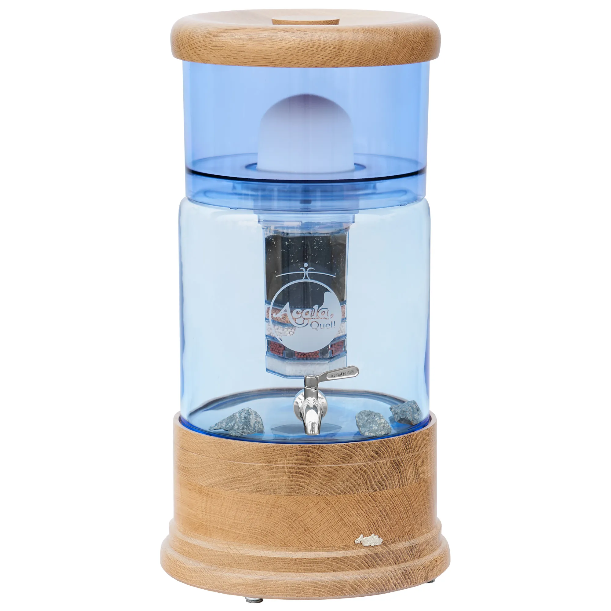 Ein AcalaQuell Smart mit Glastank in blau und Eiche Echtholz Sockel und Deckel, weißer Hintergrund.
