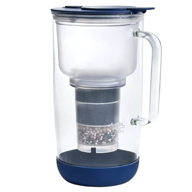 Mira Glaskaraffe mit Kartusche und Schwamm. Der Deckel und der Stoßschutz sind blau