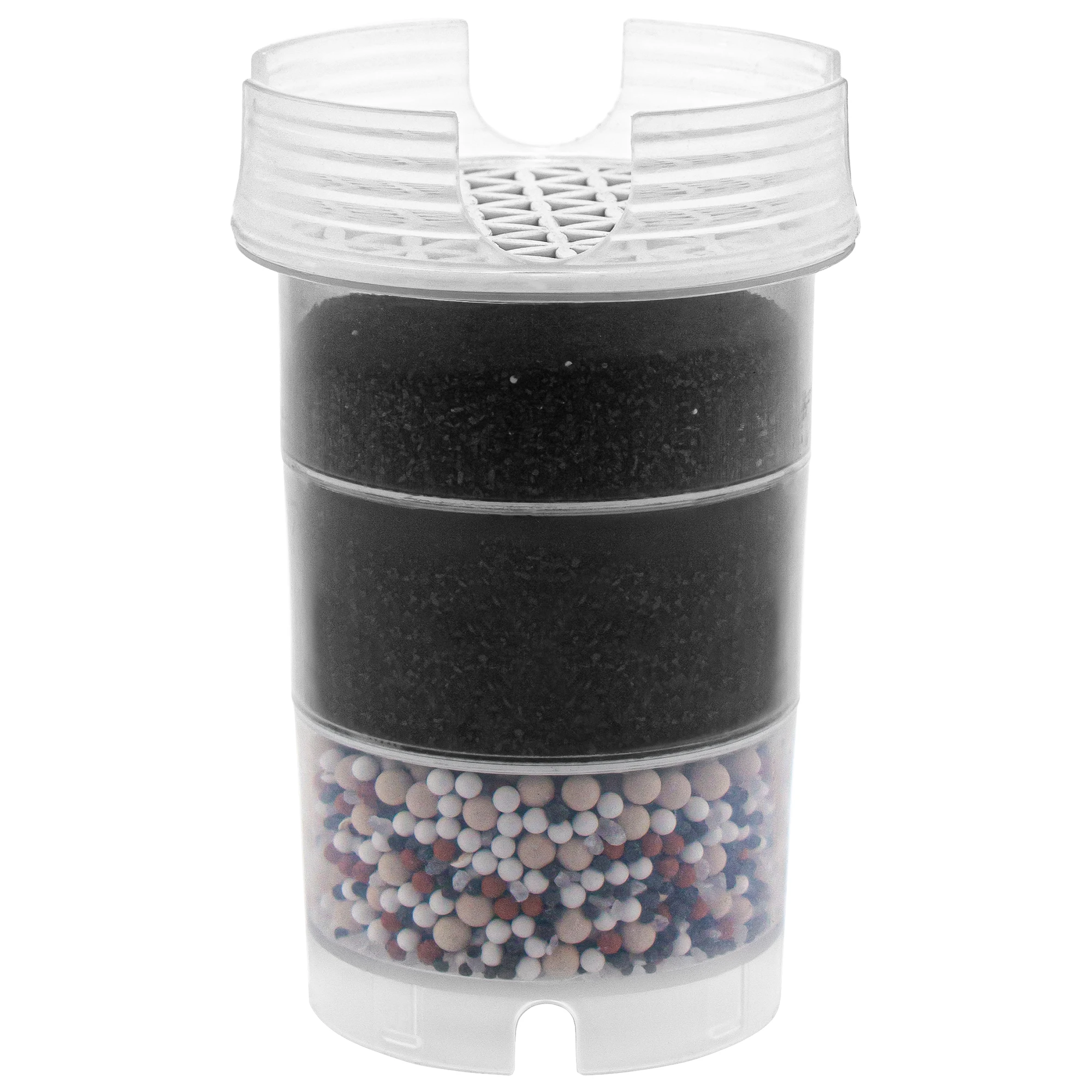 Eine Filterkartusche für Acala Quell Kannenwasserfilter ONE, Swing, Wassetto, Silizia und Sunny vor weißem Hintergrund. Sie besteht aus 3 Schichten. Unter der Kartuschen Krone sind 2 Aktivkohleschichten und die letzte Schicht ist die ReNaWa-Technologie.