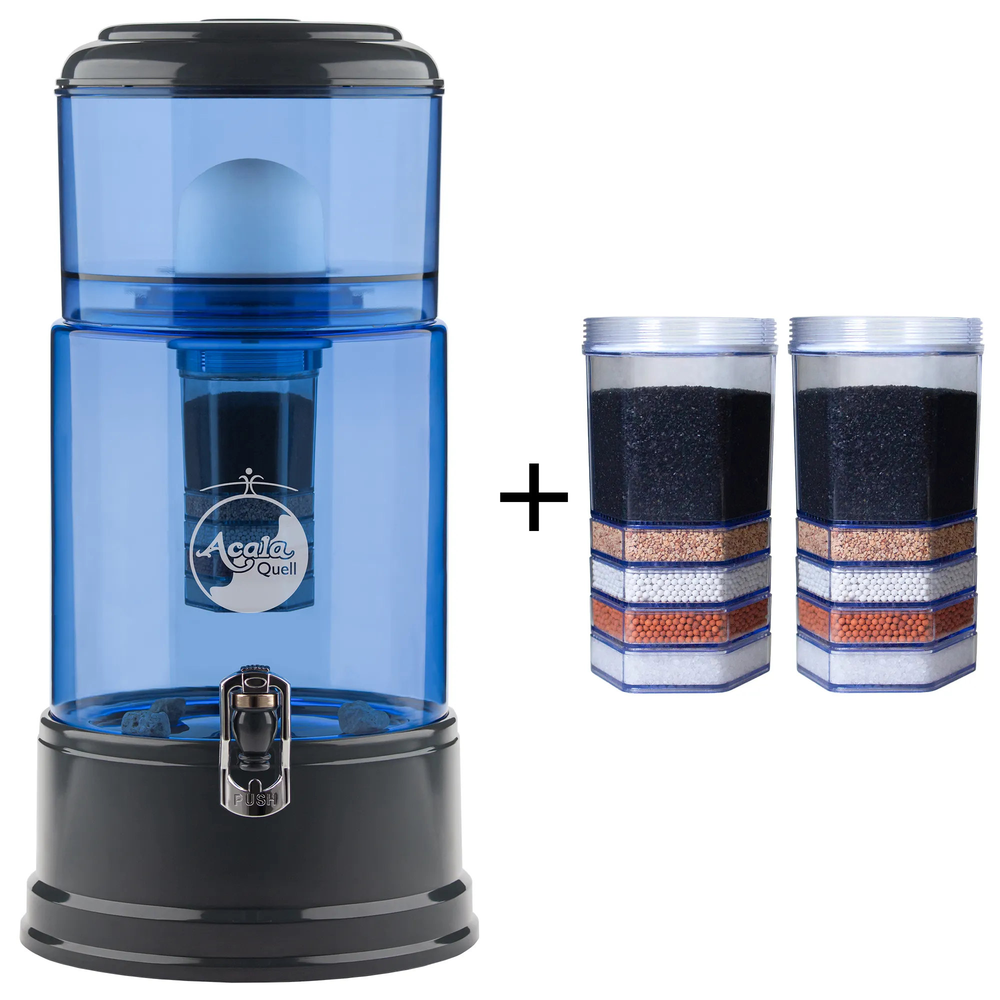 Einsteigerpaket AcalaQuell® Grande Blau/Anthrazit Zu sehen ist der Acala Wasserfilter Grande in blau-anthrazit inklusive einer Filterkartusche und einem Keramikfilter. Zusätzlich sieht man zwei Filterkartuschen. Das Bild zeigt das Einsteigerpaket für ein Jahr.