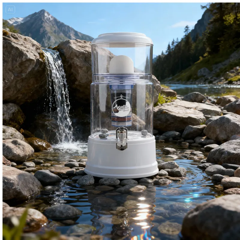 Wasserfilter aus Glas steht mitten in einem Bach