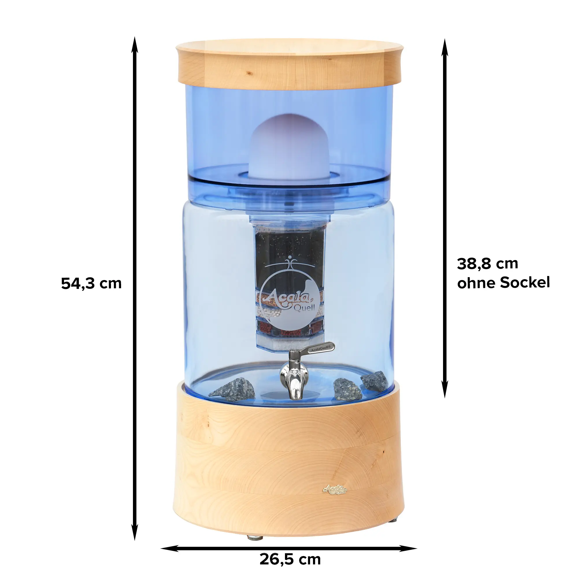 AcalaQuell Smart mit Glastank in blau und Echtholz Deckel und Sockel aus Ahorn, weißer Hintergrund. Mit schwarzen Pfeilen sind die Maße gekennzeichnet.
