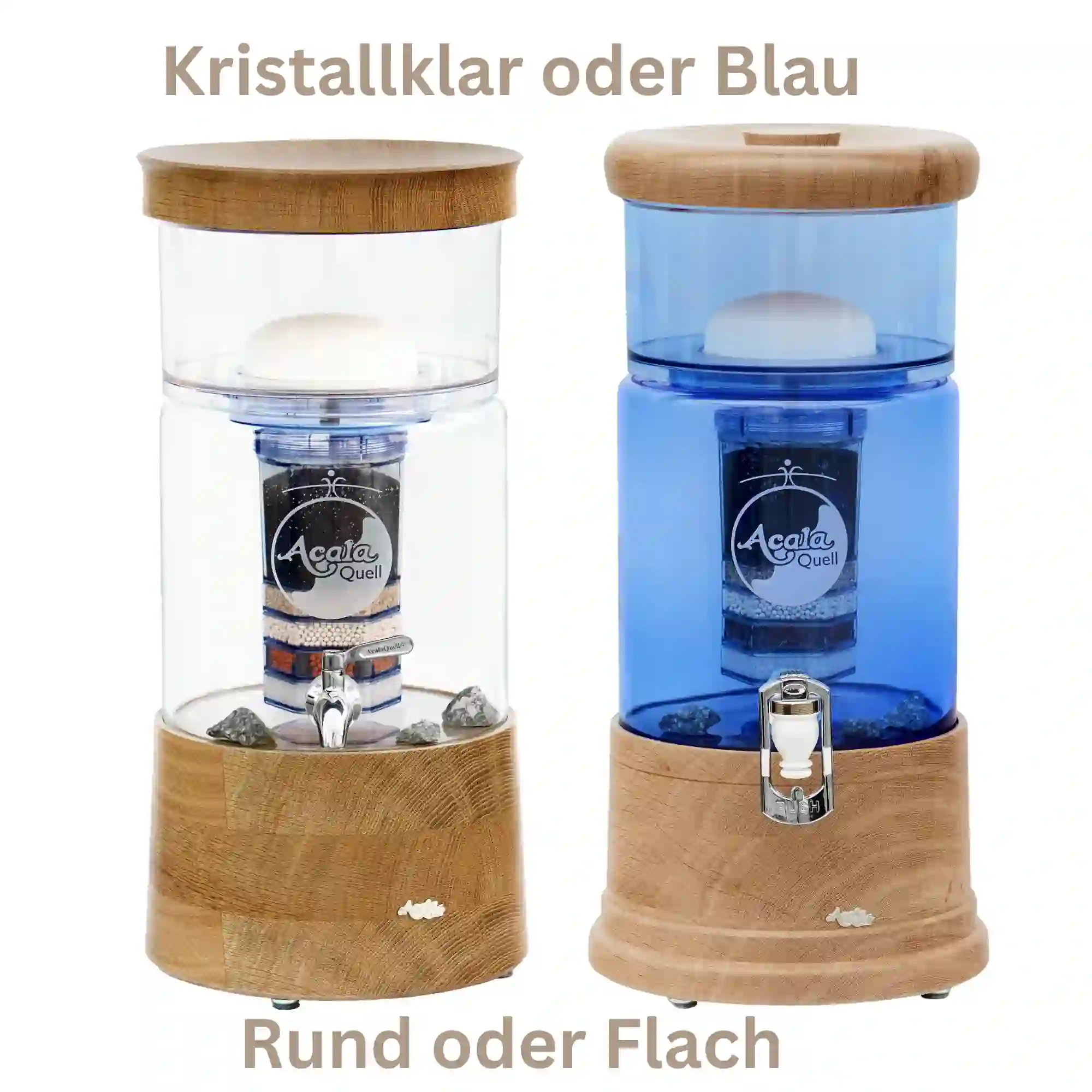 Zwei Stanfilter Mini von Acala mit Eiche Echtholz Deckel und Sockel. Einer mit Glastank in klar, einer mit Glastank in blau, weißer Hintergrund.