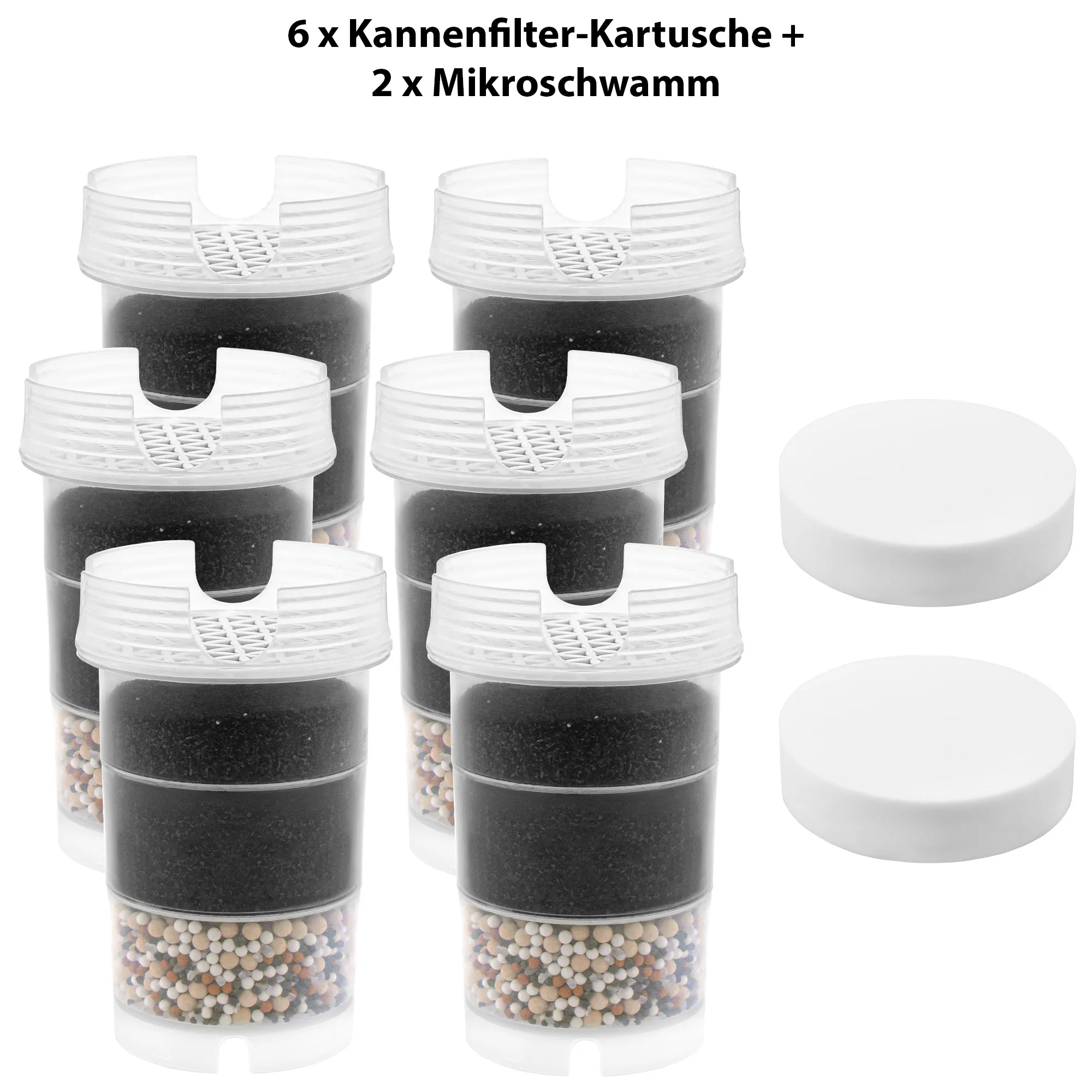 Sechs Filterkartuschen für AcalaQuell Kannenwasserfilter ONE, Swing, Sunny, Wassetto und Silizia vor weißem Hintergrund, daneben liegen zwei weiße Mikroschwämme. Mit diesem Jahrespaket kann man zwölf Monate Wasser filtern.
