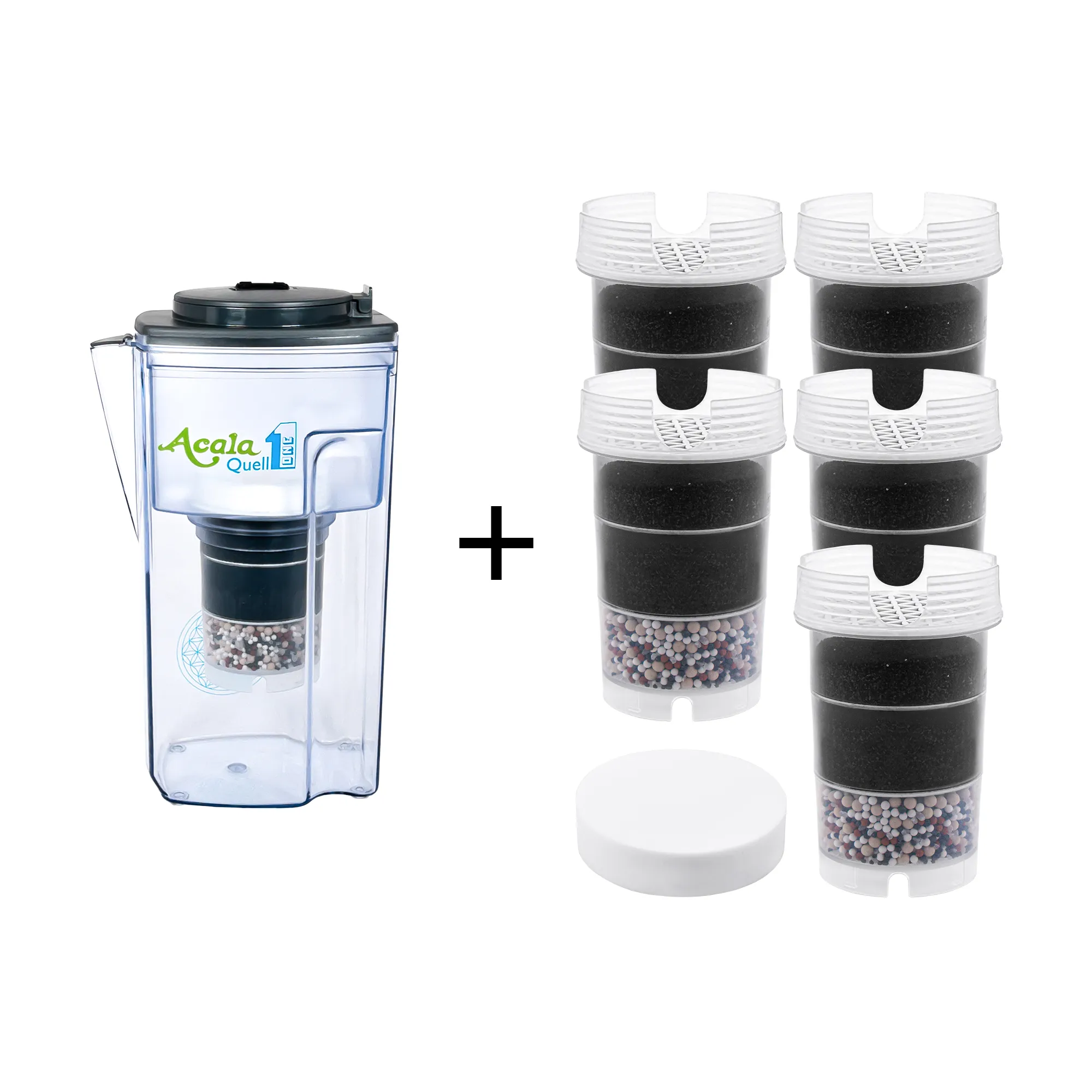 Kannen Wasserfilter Acala Quell ONE mit Deckel und Ausgussschnabel in anthrazit inklusive einer Filterkartusche und einem Mikroschwamm plus fünf Filterkartuschen und ein Mikroschwamm. Mit diesem Einsteigerpaket ist man für ein Jahr versorgt.