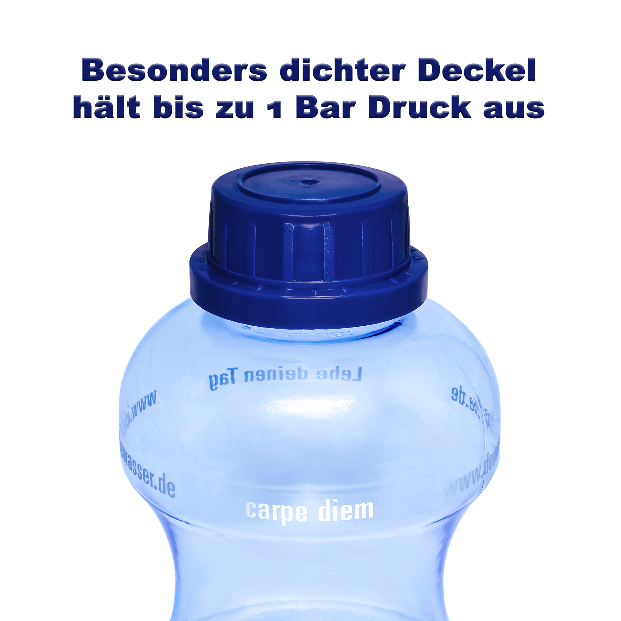 Das Oberteil einer Acala Tritan Trinkflasche mit blauem Schraubdeckel. Darüber steht „besonders dichter Deckel, hält bis zu 1 Bar Druck aus“.